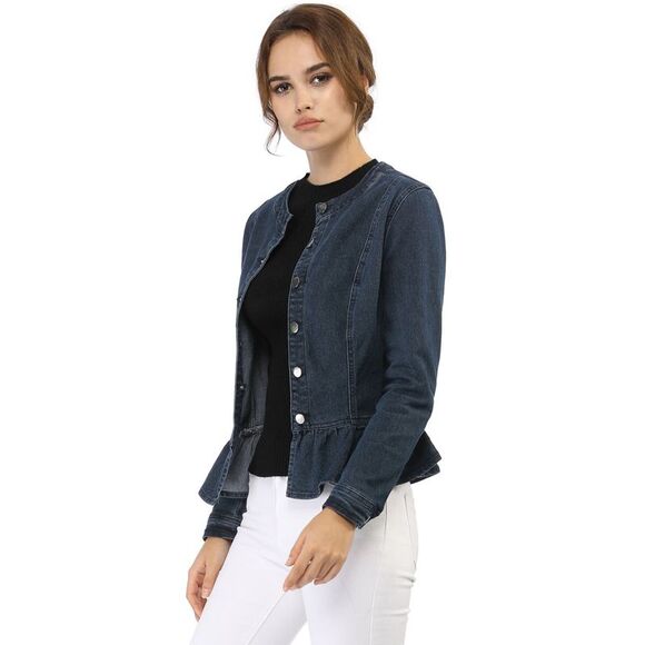 Women's Peplum Denim Jackets Collarless Round Neck Blue - Picture 4 of 6